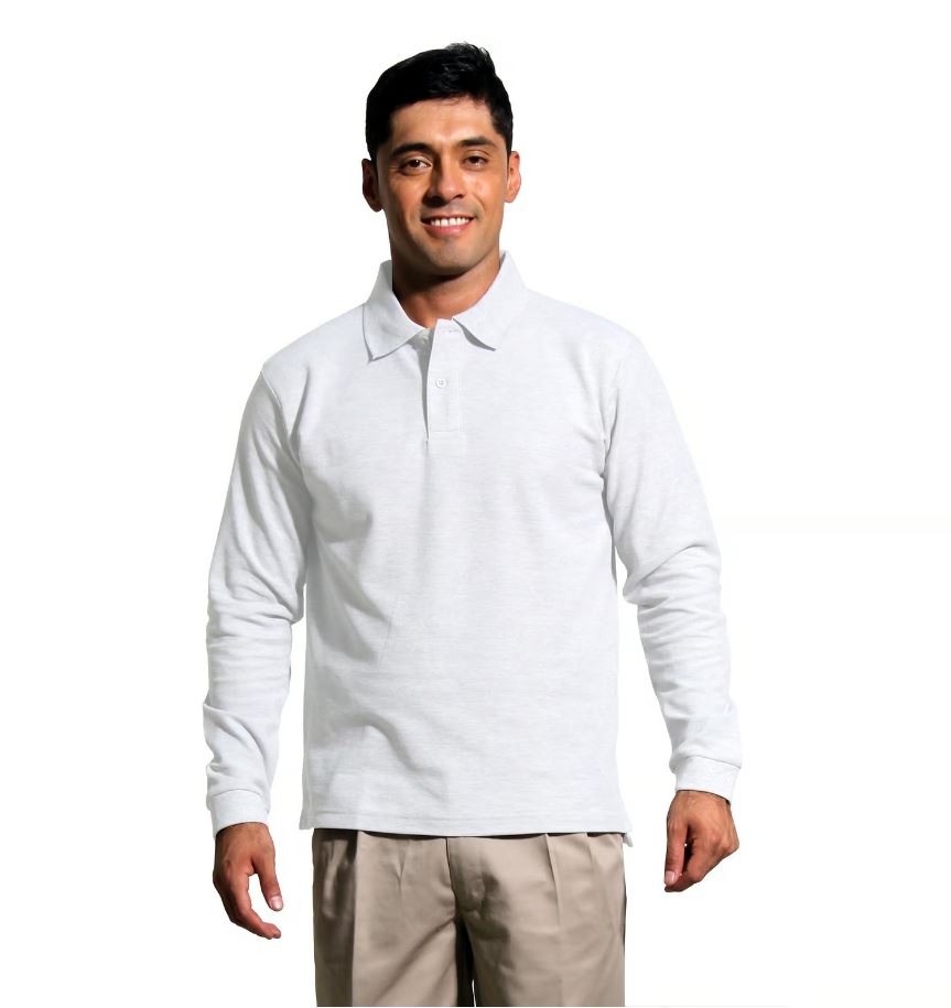 Polera Pique Hombre Manga Larga Blanca