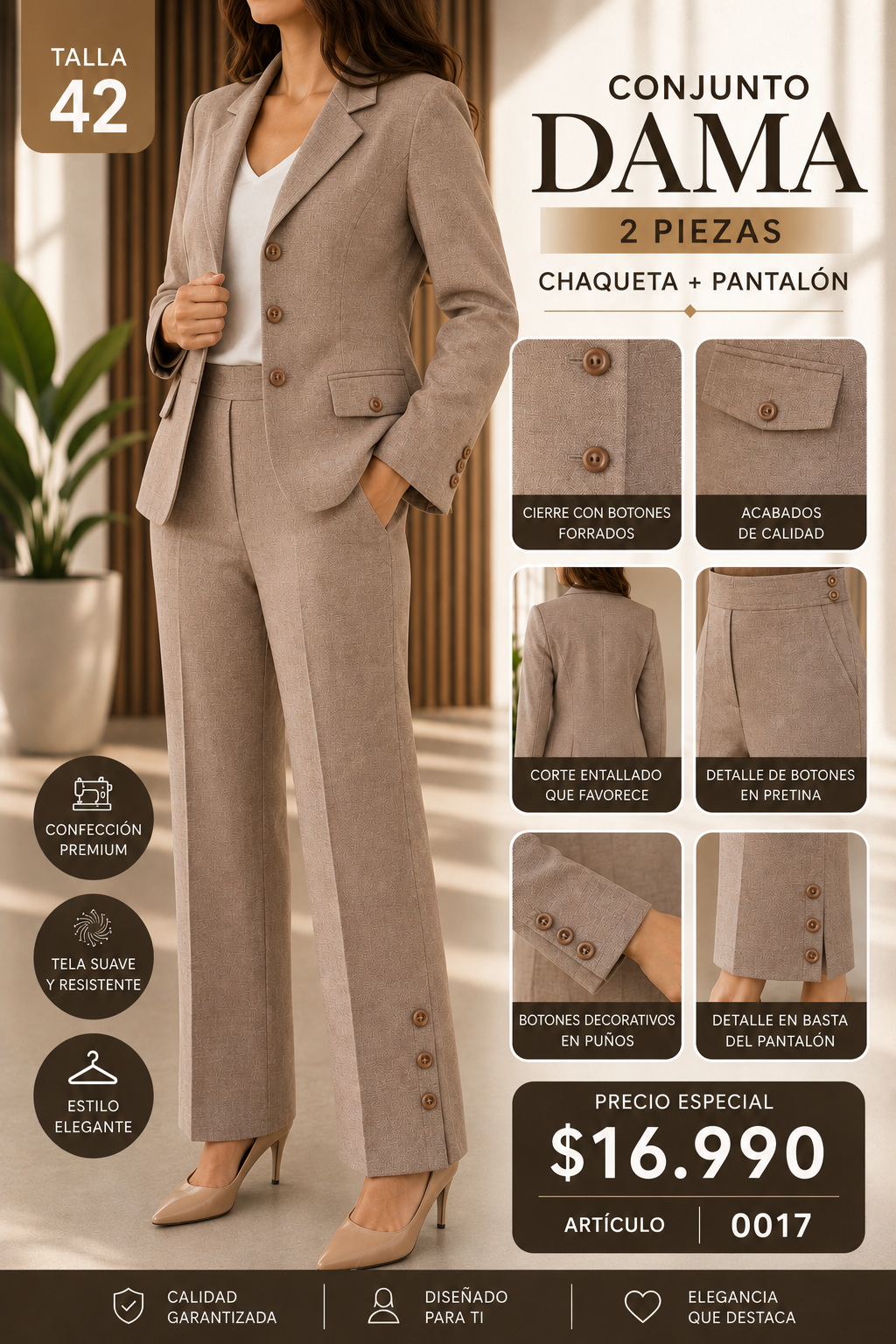 Traje Mujer Cafe Claro 2 Piezas Talla 42 0017