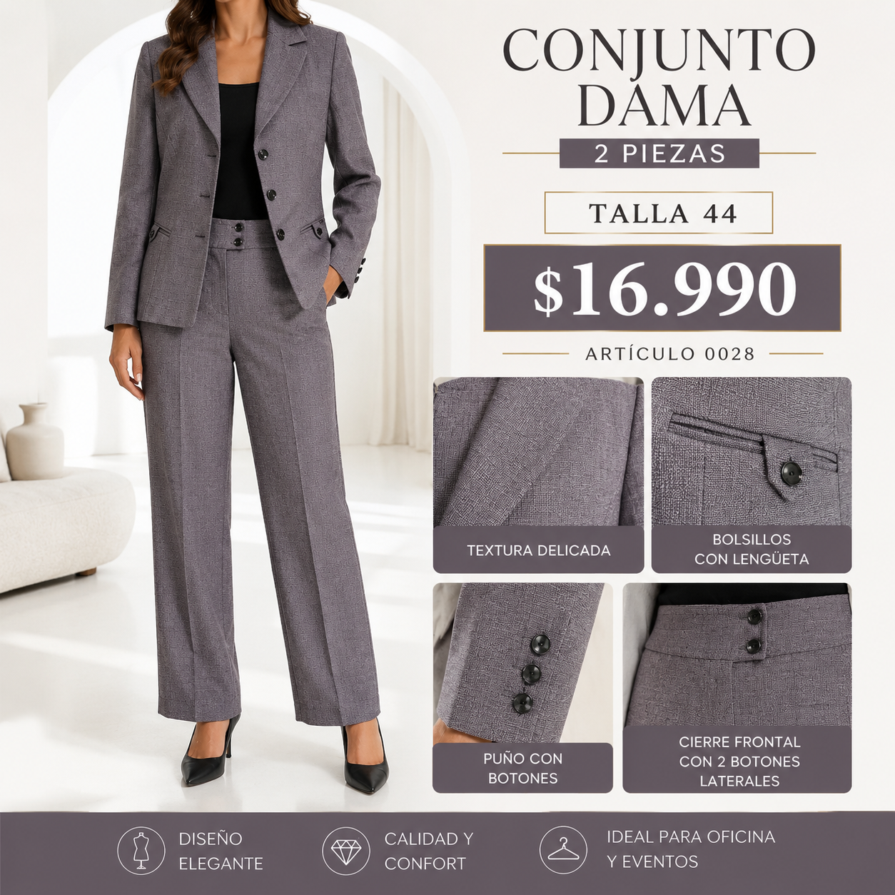 Traje Mujer Gris 2 Piezas Talla 44 0028