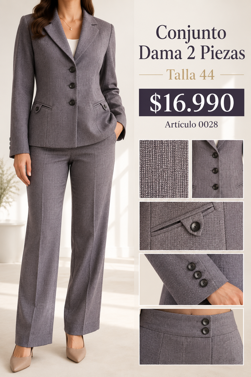 Traje Mujer Gris 2 Piezas Talla 44 0028